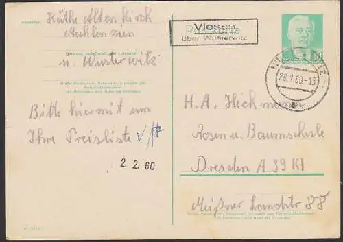 Viesen über Wunsterwitz Poststellenst. 28.1.60 auf GA Wilhelm Pieck