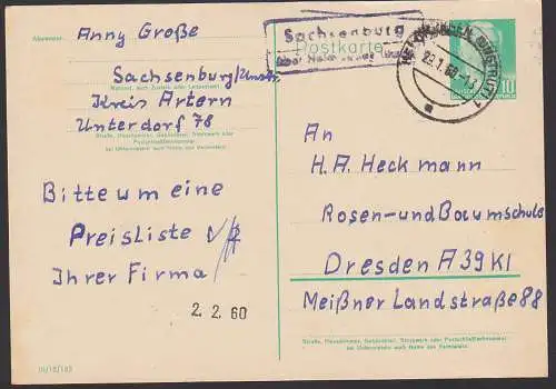 Sachsenburg über Heldrungen (Unstrut) Kreis Artern Poststellenst. 29.1.60 auf GA Wilhelm Pieck