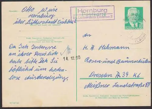 Hornburg üb. Lutherstadt Eisleben 2, PSSt.,  14.12.60 auf 10 Pfg. GA Wilhelm Pieck