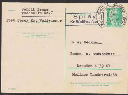 Sprey Sprjowje Kr. Weißwasser, PSSt., Weisswasser (Oberlausitz) 2.2.61 auf 10 Pfg. GA Wilhelm Pieck