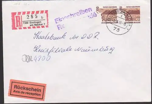 Esslingen am Necker 7, R-Brief mit Rückschein 300 Pf(2) Hambacher Schloss Mi. 1348 portogenau nach der DDR 15.6.90