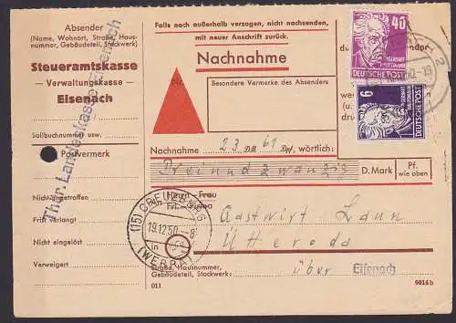 Gerhard Hauptmann 6 und 40 Pfg. auf  Nachnahme Eisenach , OSt. Creuzburg (Werra) Steueramtskasse