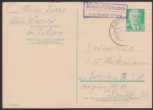 Klein-Warnow über Karstädt (Prignitz) Poststellen-St. 23.3..61 auf 10 Pf. GA Wilhelm Pieck
