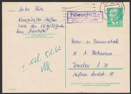 Nieschütz (Kr. Meißen) Poststellen-St. 2.2.62 auf 10 Pf. GA Wilhelm Pieck