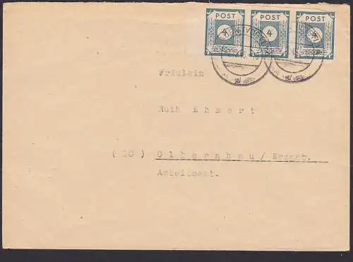 SBZ Plauen Vogtland 4 Pf, (3) Fernbrief nach Olbernhau OPD 53, portogenau 7.12.45