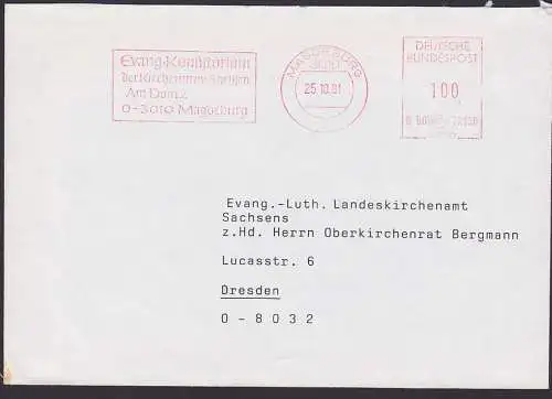 Magdeburg AFS =100= 25.10.91 Evangelische Konsistorium, mit "O" vor Postleitzahl für Verkehrsgebiet Ost