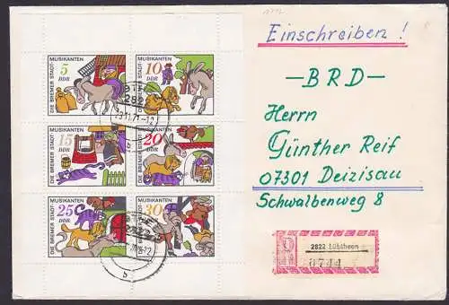 Grimm`s Märchen "Die Bremer Stadtmusikanten" Esel Hund Katze FDC DDR Klbg. 1717/22 R-Brief Lübthen 23.11.71