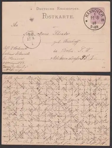 Hannover Besonderheit des Textes in drei Richtungen, 5 Pf.-GA 11.8.1883 nach Berlin, Knobeltext