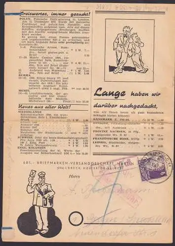 Briefmarken-Werbepost aus Lübeck in der DDR aufgegeben, Nachgebühr verweigert und "Zurück"-St., oben eigerissen