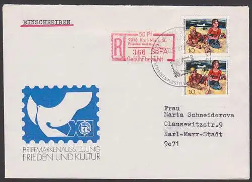 Karl-Marx-Stadt Sonder R-Zettel DbPA Frieden und Kulter, SoSt. 12.7.87 Briefmarkenausstellung, Ortsdoppelbrief