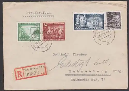 Halle (Saale) R-Brief  27.9.54 portogenau mit 35 Pf. Balthasar Neumann Schloss Würzburg, 24+6 Pf. Nat. Aufbauwerk