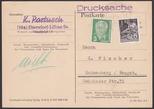 Ebersdorf über Löbau 4.8.54, Drucksache  1 Pf. -Jahrplan DDR 405 und 5 Pf.  DDR 322 Wilhelm Pieck, portogenau