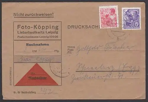 Liebertwolkwitz Drucksache Nachnahme Foto-Köpping 6 und 40 Pf. Jahrplan DDR 407, 418, rare Portostufe