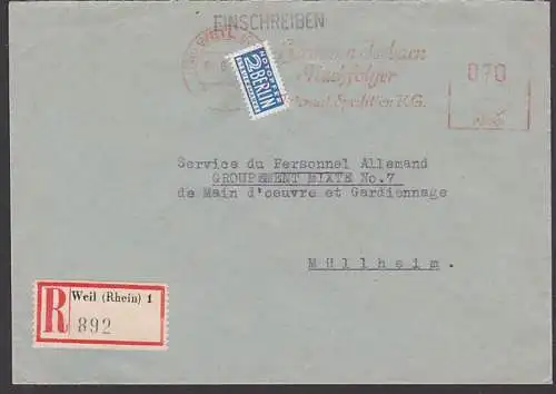 Weil (Rhein) AFS 4.6.52 "Hermann Isebarn Nachfolger Int. Spedition K.G." R-Brir mit Notopfer-Marke Berlin nach Mühlheim