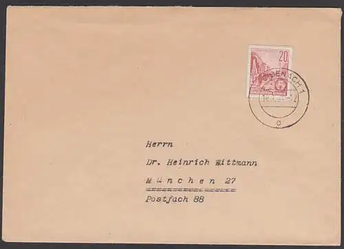 Eisenach 16.1.61, 20 Pf. Berlin Stalinallee Ganzsachenausschnitt aus Faltbrief DDR F1, Auslands-Brief München