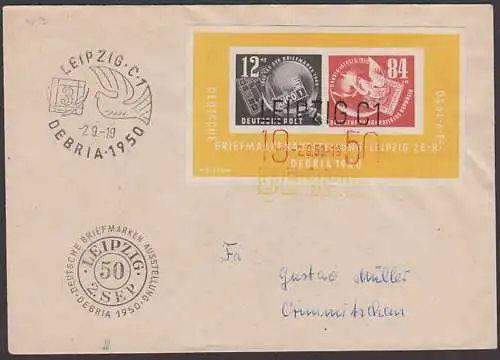 DEBRIA 1950, DDR  Block 7, mit 3-Farben.SoSt. und zwei weiteren SoSt. 2.9.50 auf Brief