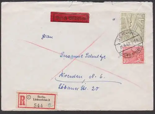 Berlin-Lichterfelde R-Eil-Brief 15.4..52 nach Dresden, 20, 100 Pf. TH Berlin-Charlottenburg, Flughafen Tempelhof