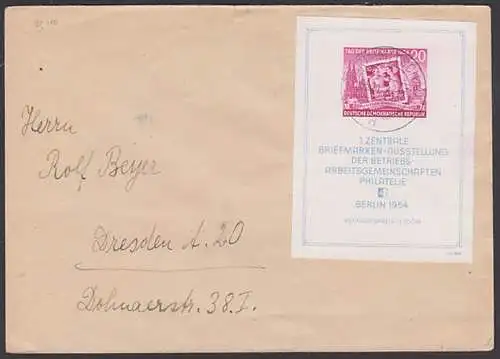 Tag der Briefmarke 1954, DDR  Block 10, Fernbrief  5.11.54 Crimmitschau nach Dresden, portogenau