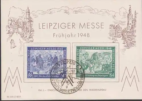 Leipzig Messe 1948 mit Plattenfehler 967I So-Karte über 5,- RM mit Dv, SoSt. 2.3.48, Gedenkblatt, Zollschranken