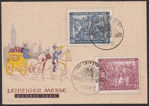 Leipzig Messe 1949 Gedenkblatt mit SoSt. Messhaus Petershof II 1.9.49 SBZ 240/41, Goethe auf der Messe, Postkutsche