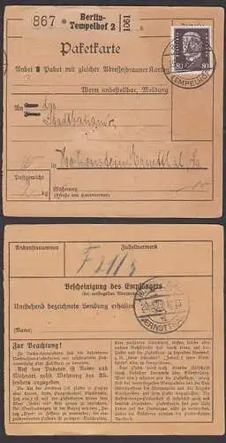 Hindenburg, Paul von 8 Pf. auf Paketkarte, DR 422, Berlin-Tempelhof 19.3.29 nach Hohenstein Ernstthal
