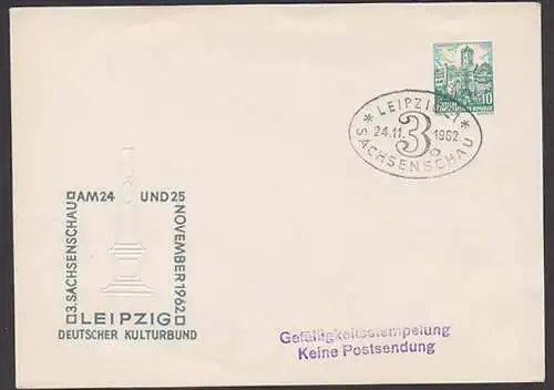 Leipzig 10 Pf. Wartburg, Ganzsache ovaler SoSt. Sachsenschau 24.11.62, Postmeilensäule, Prägedruck