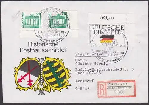Chemnitz R-Brief mit Sonder R-Zettel "150 Jahre Briefmarken" SoSt.  Fernbrief, 50 Pf. Brandenb. Tor aus Markenheftchen