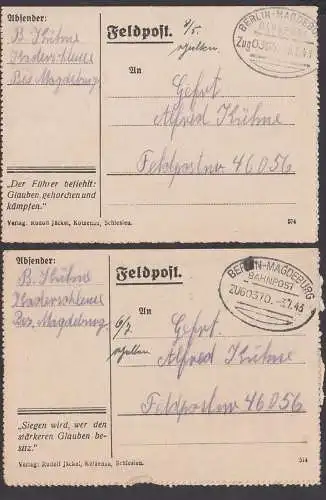 Feldpost mit Bahnpoststempel Berlin-Magdeburg , Propagandazudruck "Der Führer befieht: ,,,", "Siegen wird, wer den .."