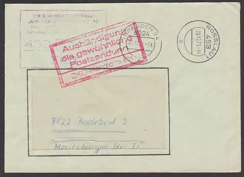 Rosslau ZKD-Brief VEB Schwermaschinenbau mit rotem "Aushändigungsst..." ZKD-Kontrolle 801, 29.12.71