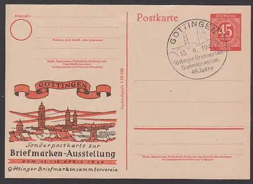 Göttingen 45 Pfg. GA Ziffern mit privatem Zudruck Sonderpostkarte zur Briefmarken-Ausstellung 13.4.1947