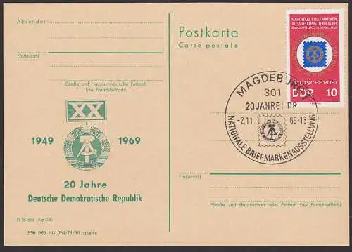 Magdeburg SoSt. 2.11.89 20 Jahre DDR auf GA mit priv. Zudruck, 20 Jahre DDR, mit Dv PP4-69, Wertst. unter Mke