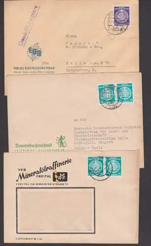 Briefgesichter Mineralöfraffinerie Freital, Bauernbuchversand Leipzig, Elektrogerätebau aptierter St. "Reichsmesse"