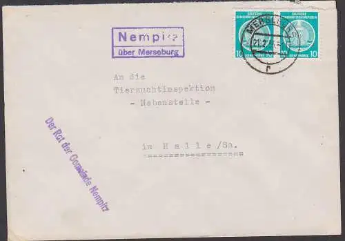 Nempitz PSSt. über Merseburg Rat der Gemeinde 12.2.55 Fernbrief an Tierzuchtinspektion Halle, Dienstpost