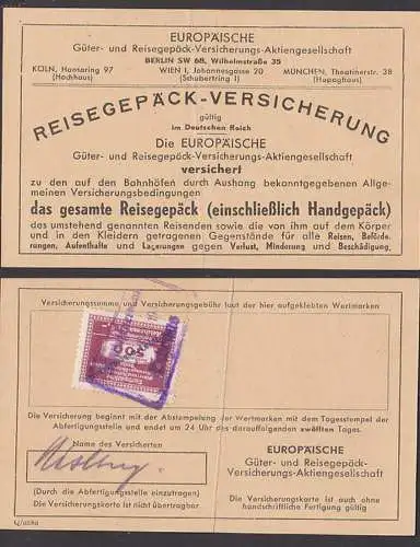 Berlin Fiskalmarke 1 Reichsmark Europäische Güter- und Reisegepäck-Versicherung ca. 1943, Versicherungskate gebrochen