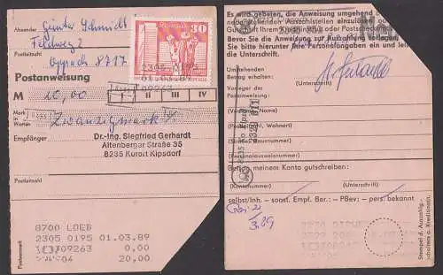 Kippsdorf und Oppach je Poststellenstempel auf Postanweisung mit 30 Pf. DDR 1899, Reg.-St. 1.3.89 LOEB(au) und NEU