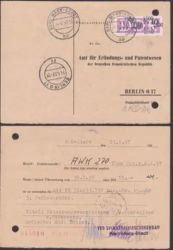 Karl-Marx-Stadt 10 Pfg. ZKD-Streifen 14 (1500) auf Antwortkarte 14.6.57, Aktenlochung, offene Sendung unzulässig