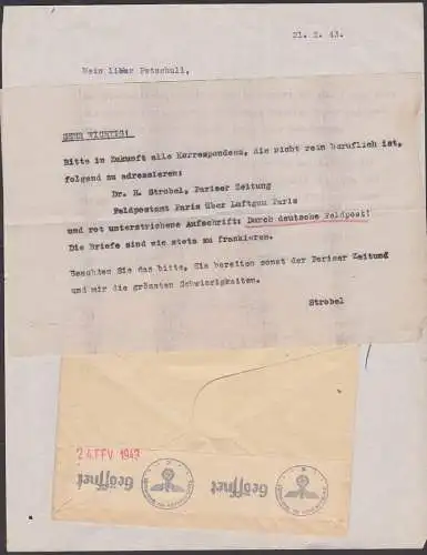 Paris Pariser Zeitung Feldpostamt über Lg. P.A., Feldpost 23.2.43 mit Inhalt, Hinweis bzgl. Sendungsadresse, zensiert