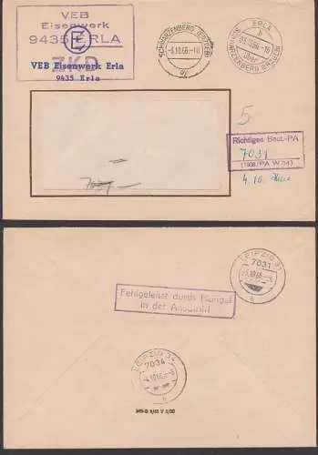 ERLA üb. Schwarzenbrg ZKD-Brief R4 Eisenwerk "Richtiges Best. (immungs) PA (1308 / PA W34)." 3.10.66, R2 Fehlgeleitet