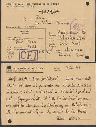 Kriegsgefangenenpost, portofrei correspondence des prionniers de guerre, 11.3.47 nach Calbe  Schönebeck, Gef.-Nr. 4035
