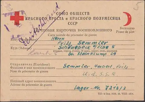red cross, Croix Rouge Rotes Kreuz Karte 1948 aus Gefangenenlager Nr. 7213/3 UdSSR. n. Schönebeck roter Mond Russland