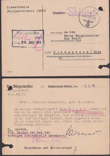 Feldpost 9.6.44 an FP-Nr. 19 023 mit zurück an Bürgermeister, da Soldat in Dienststelle unbekannt,  18.7.44, Aktenloch.