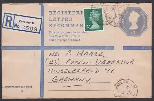 Coventry U  Einschreiben-GA recomande  registration 23 p mit Zusatzfrankatur nach Germany