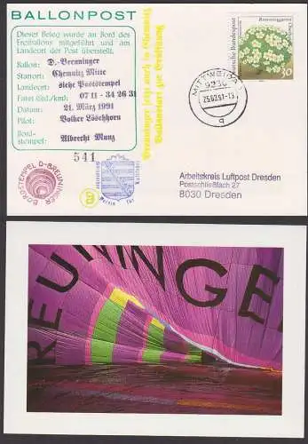 Ballonpost Chemnitz Mitte Bordstempel D-Breuninger 30 Pfg. Rennsteiggarten, MIttweida 25.3.91 kurze Zeit portogenau!!