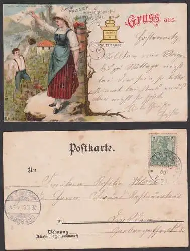 Litho 26.12.1900 Aecht Franck anerkannt bester Caffee-Zusatz, Kaffeemühle, Weinberg Rheinland  Gruss aus Hosterwitz