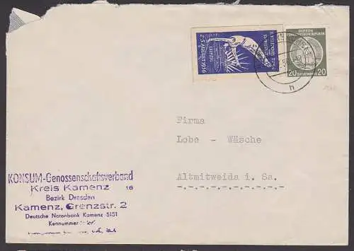 Vignette Leipzig Turner vor Stadion und Völkerschlachtdenkmal, Dienstpostbrief Kamenz Konsum 1956 Cinderella