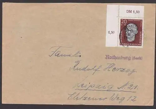 Rothenburg (Saale) Z1, Fernbrief aus Könnern (Saale), 20+10 Pfg. Rudolf Renner DDR 638, rs. Abs. aus Rothenburg