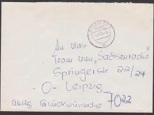 Leipzig Ortsbrief 14.7.90 an Sachsenradio ohne Postwertzeichen und ohne Nachgebühr - naja!