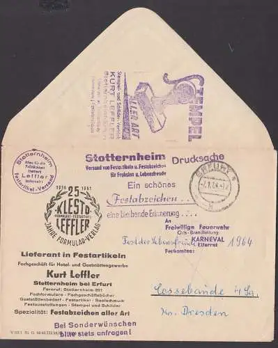 Briefgesichter Erfurt 7.1.64 mit Nachgebühr nach Cossebaude, Werbung Stotternheim Kurt Leffler Festartikel Festabzeichen