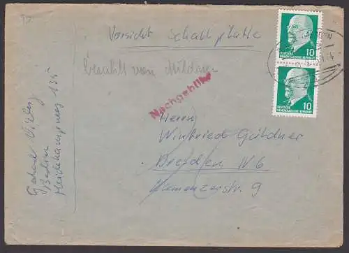 Vorsicht Schallplatte, Fernbrief mit Bahnpostst. Berlin - Dresden mit Nachgebühr, hs. "bezahlt von Mildner", Übergewicht