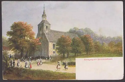 Spreewald Kirchgang Trachten der Spreewendinnen vor Kirche unbesdchrieben um 1905,